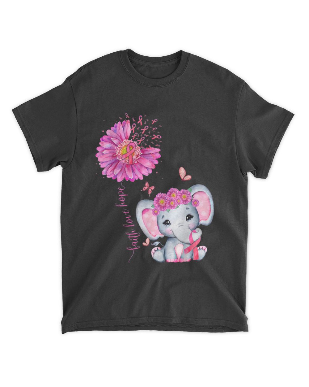 Elephant With Sunflower And Pink Ribbon Unisex Standard T-Shirt black s