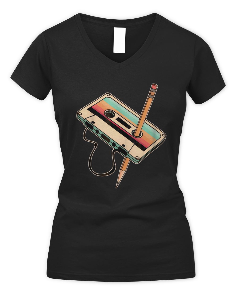 Cassette Tape Pencil Vintage Women's V-Neck T-Shirt black s