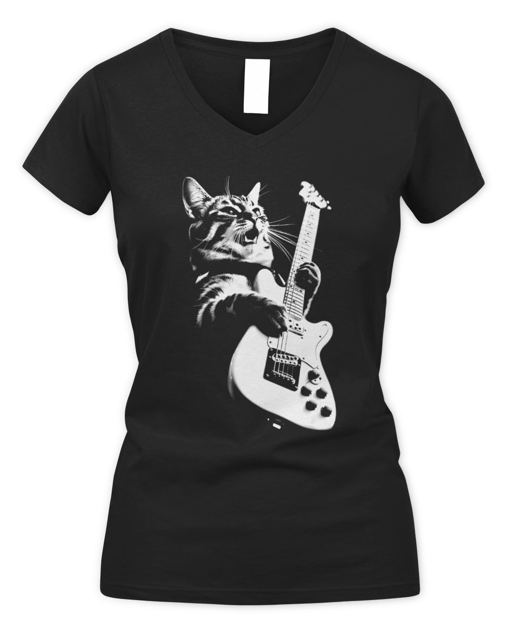 Cat Playing  Electric Guitar Women's V-Neck T-Shirt black s