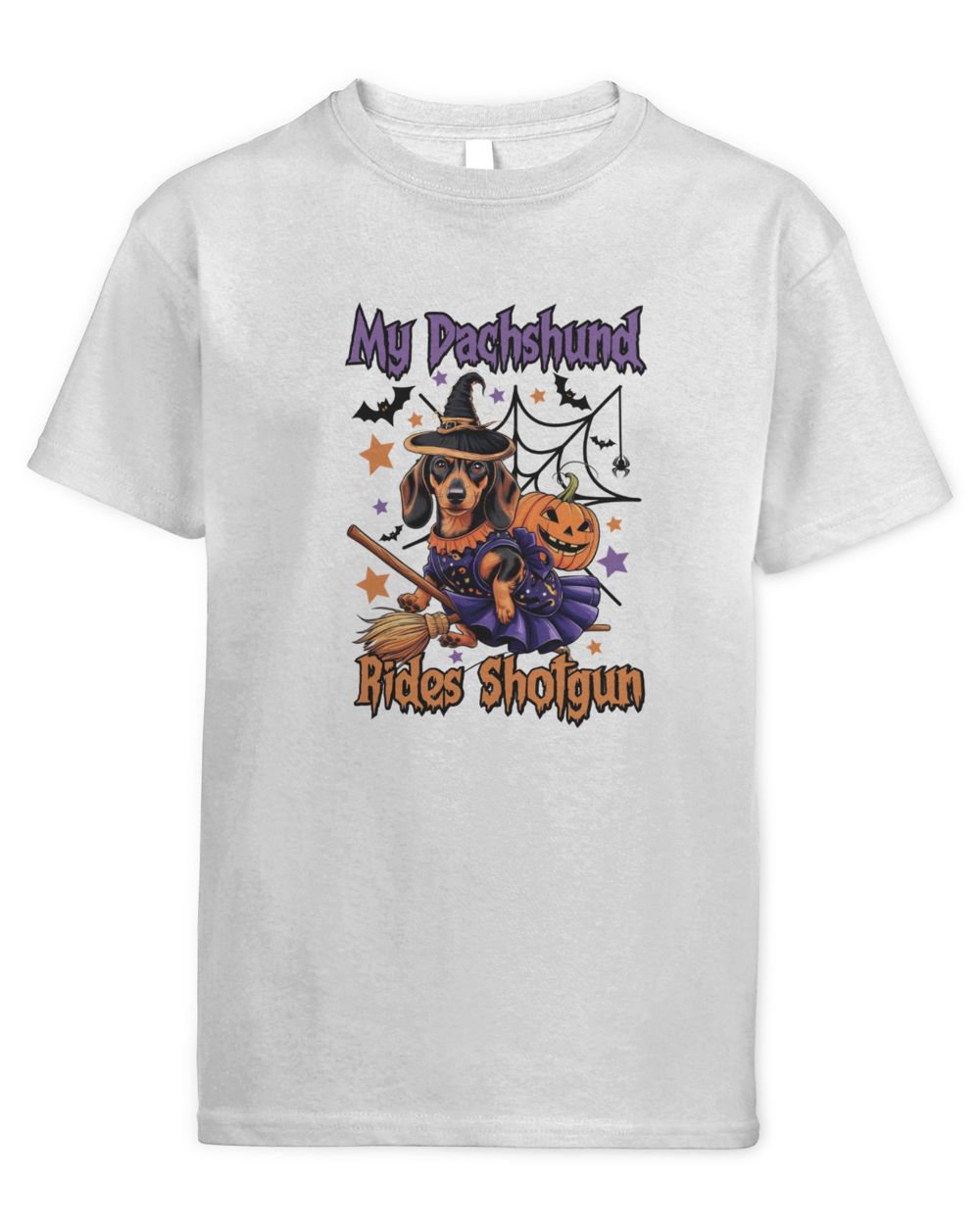 My Dachshund Rides Shotgun Funny Cute Halloween Broomstick Kids Standard T-Shirt white xs