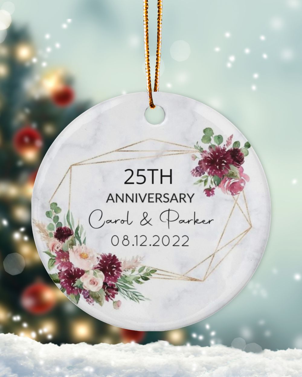 Personalized Custom 25th Anniversary 25 Years of Marriage Christmas 50th 40th 30th Ceramic Ornament Porcelain Ornament - Circle white one-sided __single
