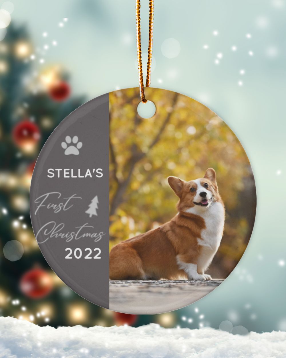 Personalized Custom Dog First Christmas Photo Ceramic Ornament Porcelain Ornament - Circle white one-sided __single