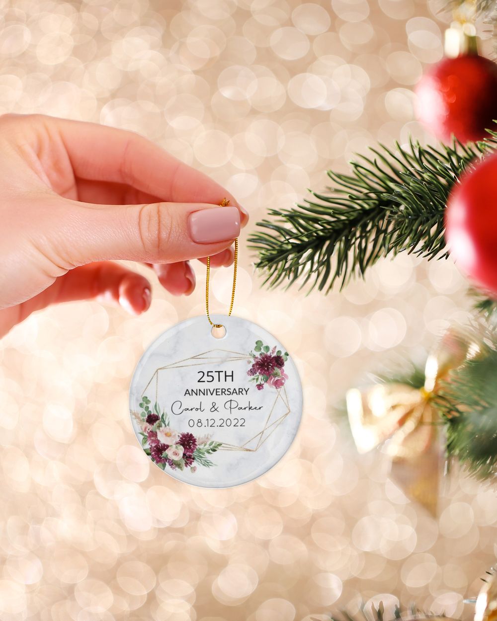 Personalized Custom 25th Anniversary 25 Years of Marriage Christmas 50th 40th 30th Ceramic Ornament Porcelain Ornament - Circle white one-sided __single