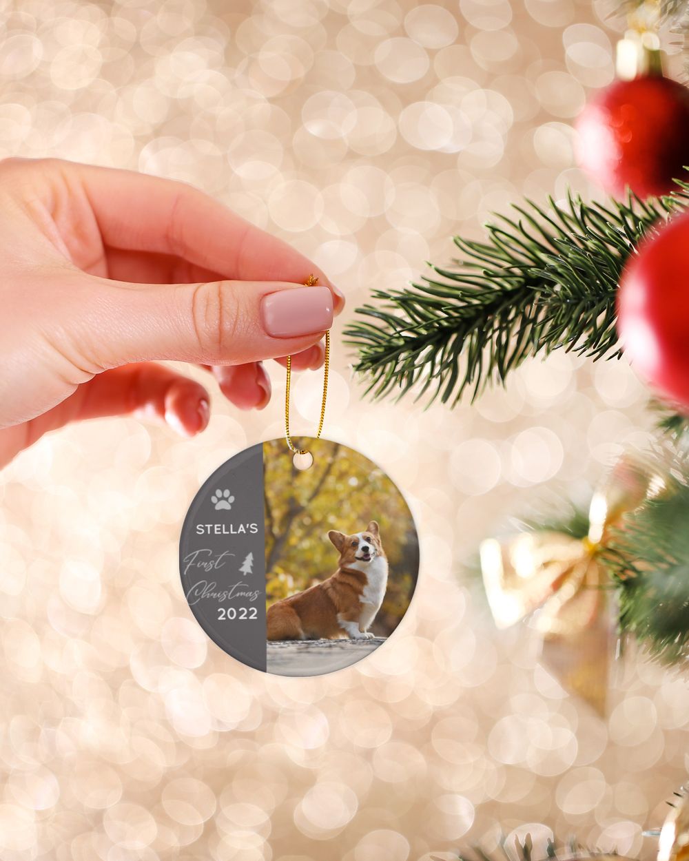 Personalized Custom Dog First Christmas Photo Ceramic Ornament Porcelain Ornament - Circle white one-sided __single