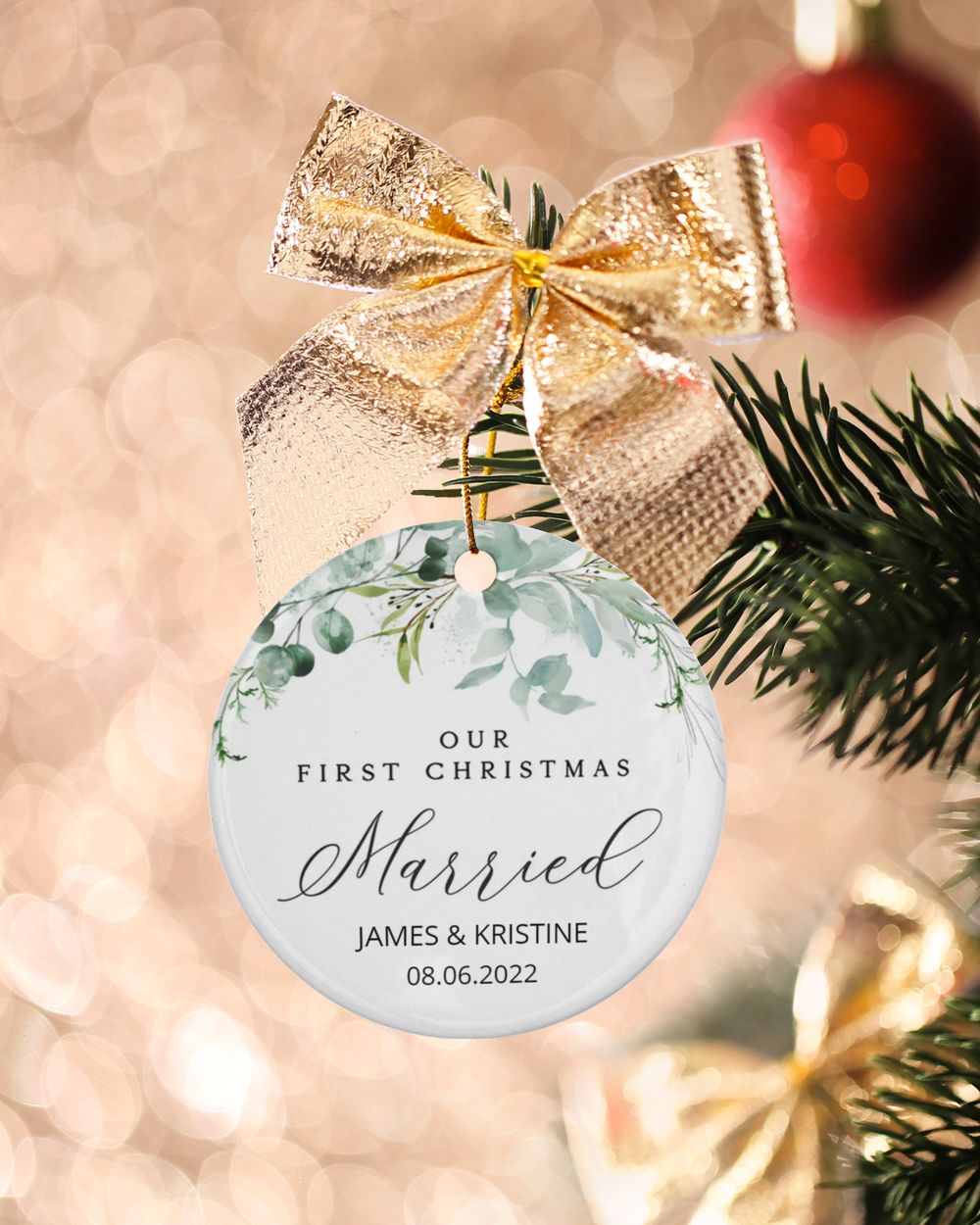 Personalized Custom Our First Christmas Newlywed Just Married Beautiful Floral Ceramic Ornament Porcelain Ornament - Circle white one-sided __single