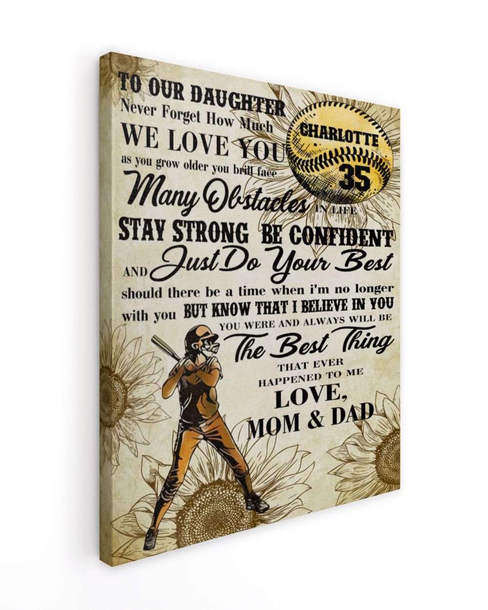 Personalized Softball My Our Daughter Poster/Canvas Lovely Gifts to Daughter from Family Ready To Hang Portrait Canvas white 11x14in