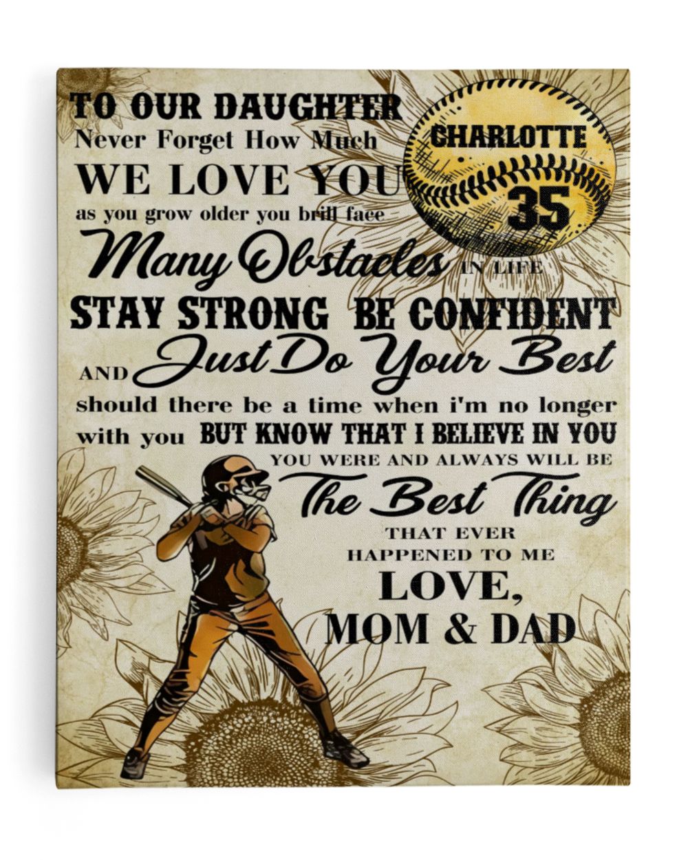 Personalized Softball My Our Daughter Poster/Canvas Lovely Gifts to Daughter from Family Ready To Hang Portrait Canvas white 11x14in