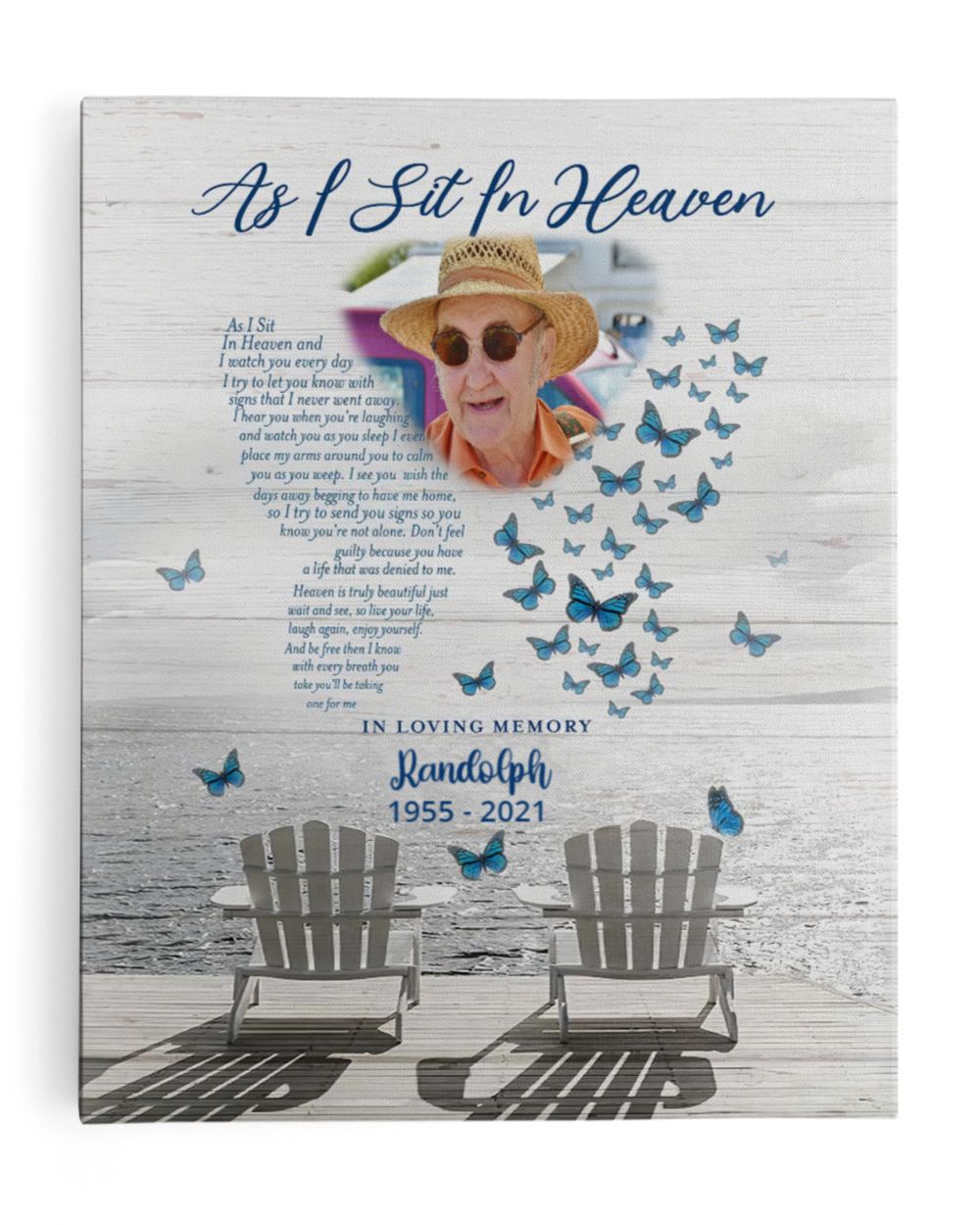 Personalized Custom As I Sit In Heaven Poem Butterfly Memorial Canvas Art FC20 Ready To Hang Portrait Canvas white 11x14in