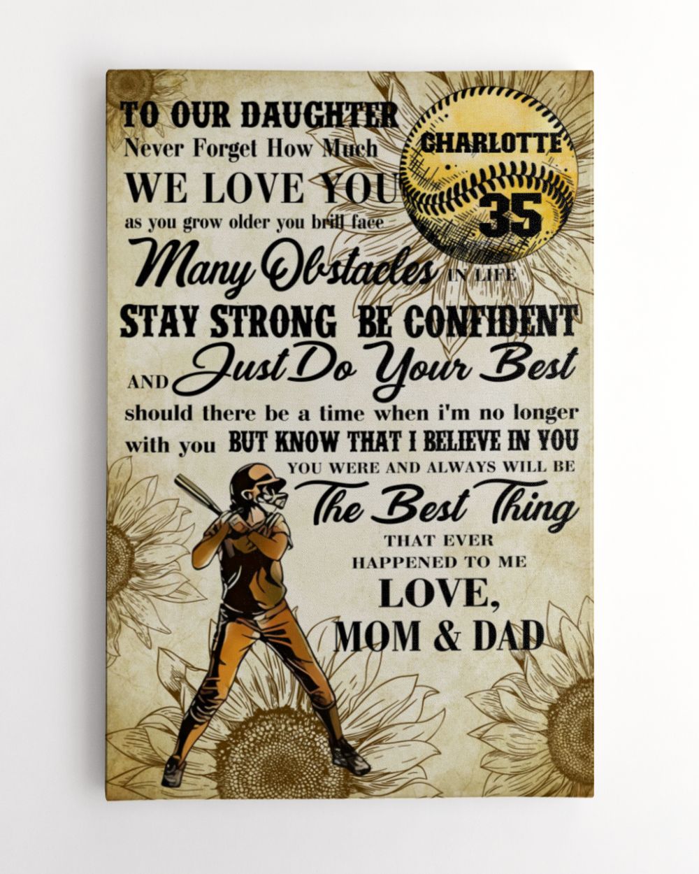 Personalized Softball My Our Daughter Poster/Canvas Lovely Gifts to Daughter from Family Ready To Hang Portrait Canvas white 11x14in