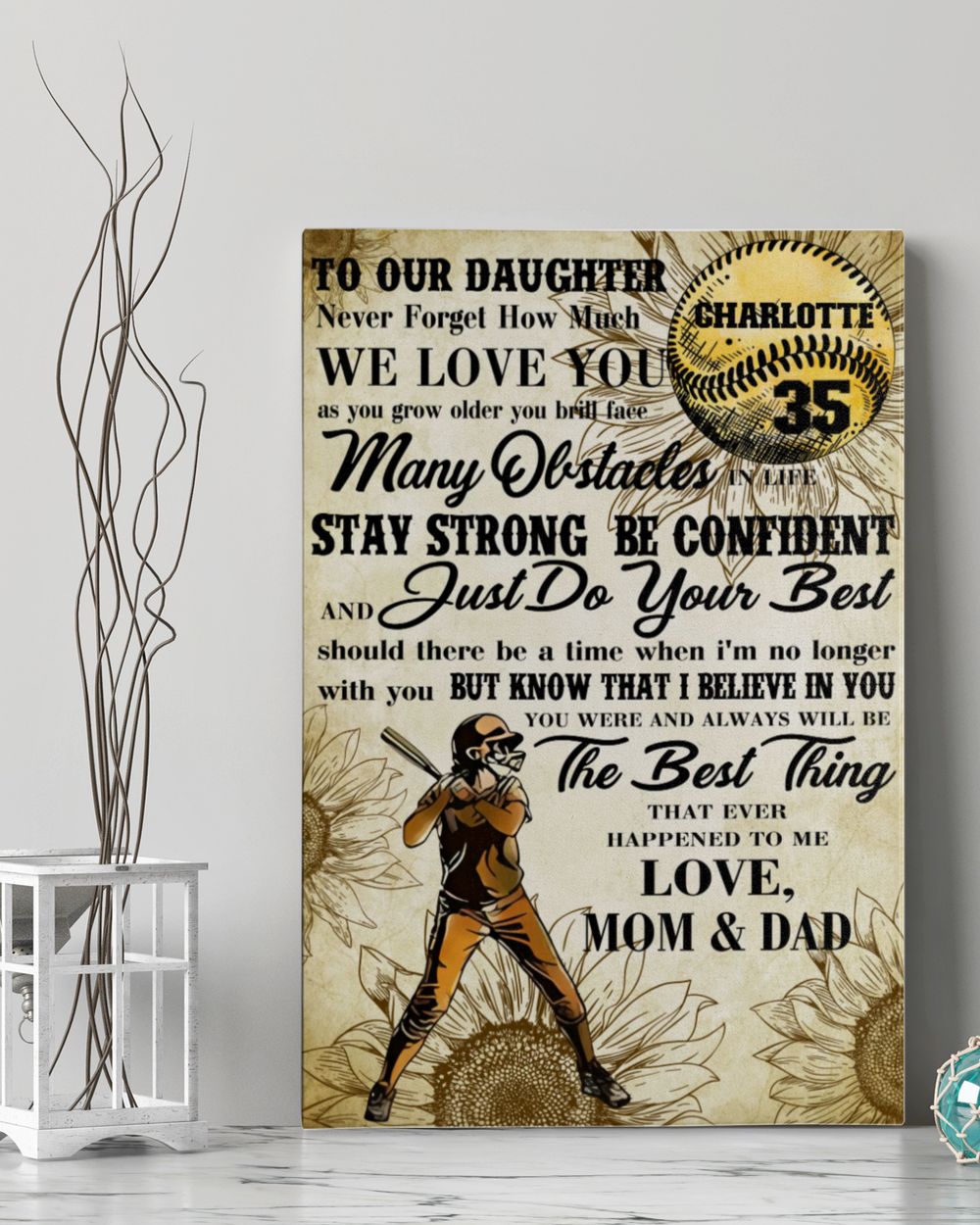 Personalized Softball My Our Daughter Poster/Canvas Lovely Gifts to Daughter from Family Ready To Hang Portrait Canvas white 11x14in
