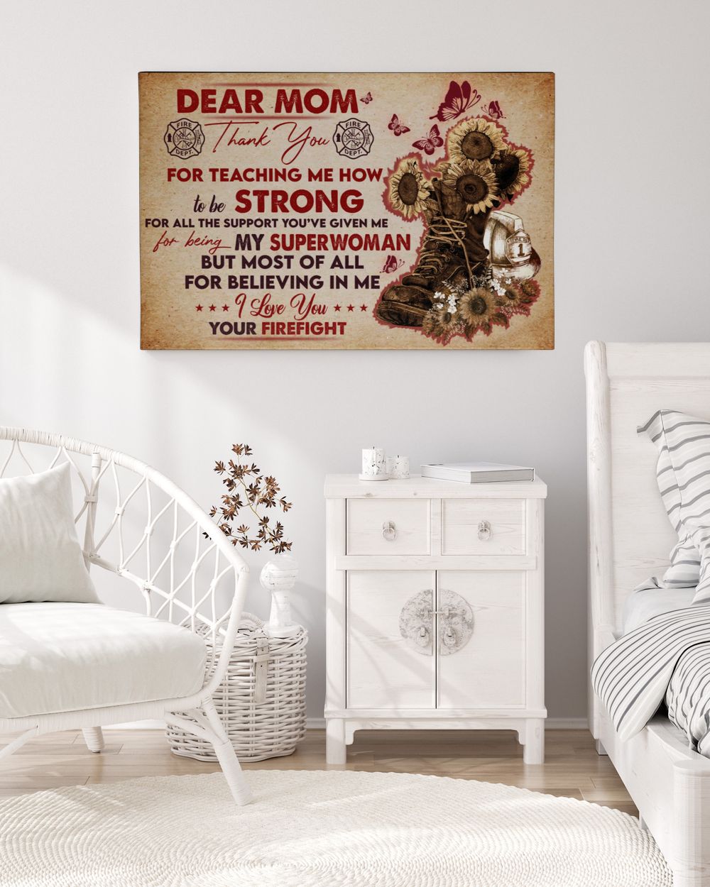 To The Mother Of A Firefighter, Dear Mom Thank You Mom, Family Poster Sun Flower And Hat Firefighter Poster Ready To Hang Landscape Canvas black 14x11in