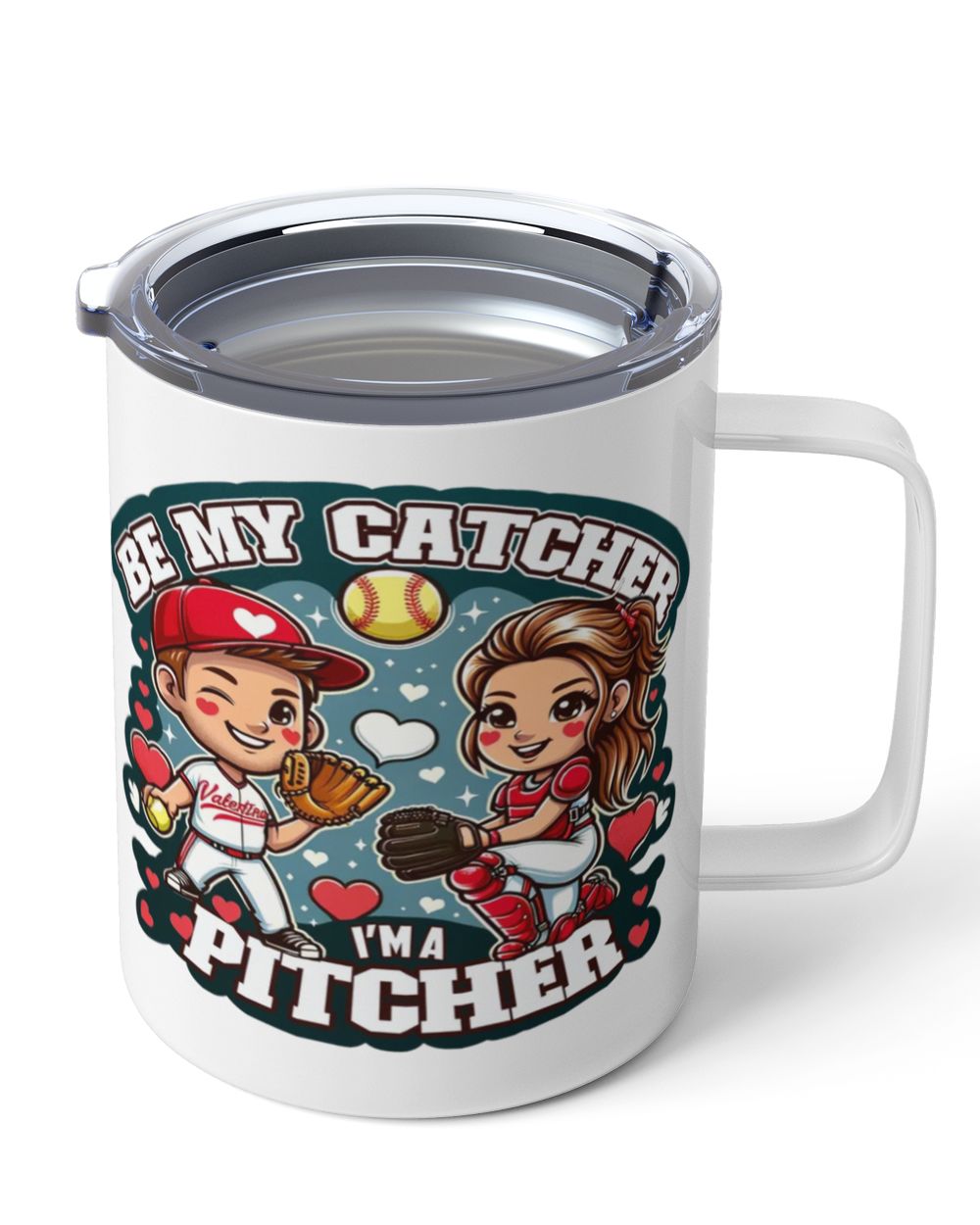 Valentine Mug- For Softball Lovers- Softball Mug Gifts- Be My Catcher I'm A Pitcher Insulated Mug white 10oz