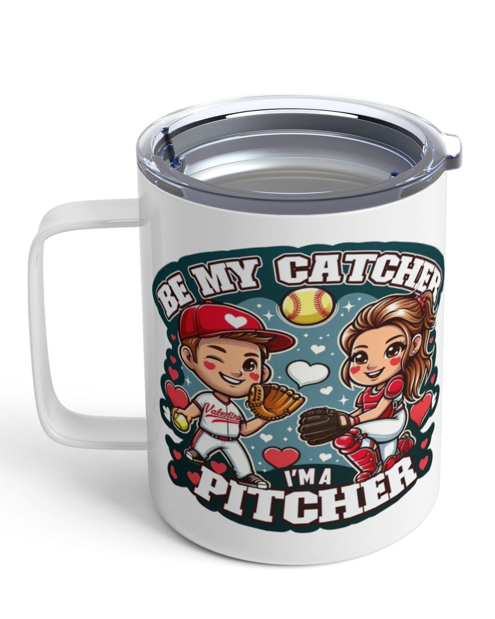 Valentine Mug- For Softball Lovers- Softball Mug Gifts- Be My Catcher I'm A Pitcher Insulated Mug white 10oz