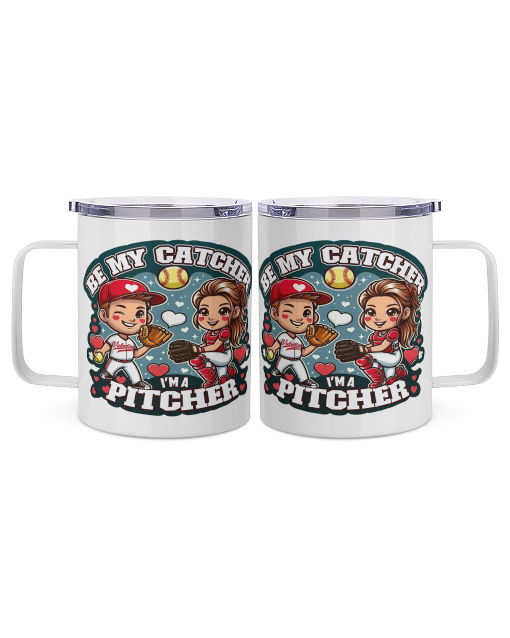 Valentine Mug- For Softball Lovers- Softball Mug Gifts- Be My Catcher I'm A Pitcher Insulated Mug white 10oz
