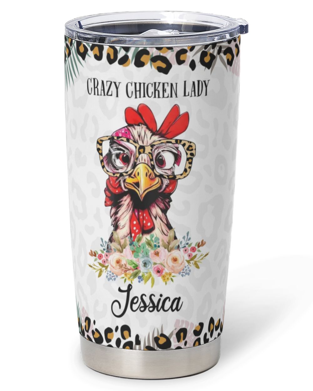 Personalized Crazy Chicken Lady Floral Full Printed Stainless Steel Tumbler (20oz) white 20oz