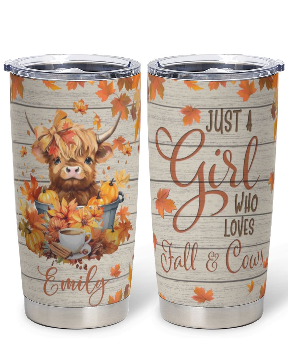 Personalized Just A Girl Who Loves Fall & Cows Full Printed Stainless Steel Tumbler (20oz) white 20oz