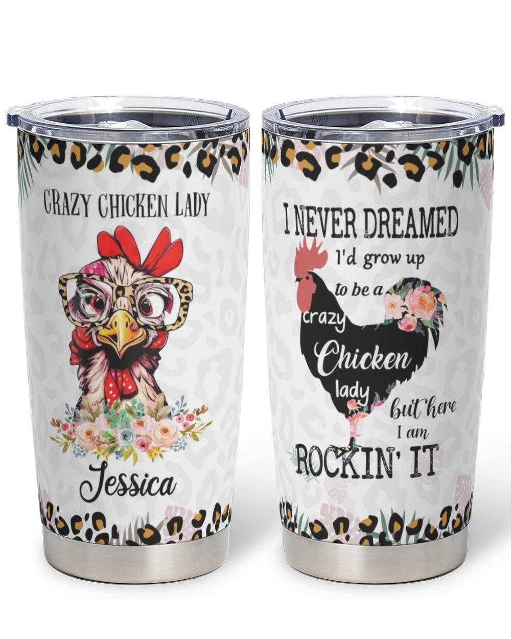 Personalized Crazy Chicken Lady Floral Full Printed Stainless Steel Tumbler (20oz) white 20oz