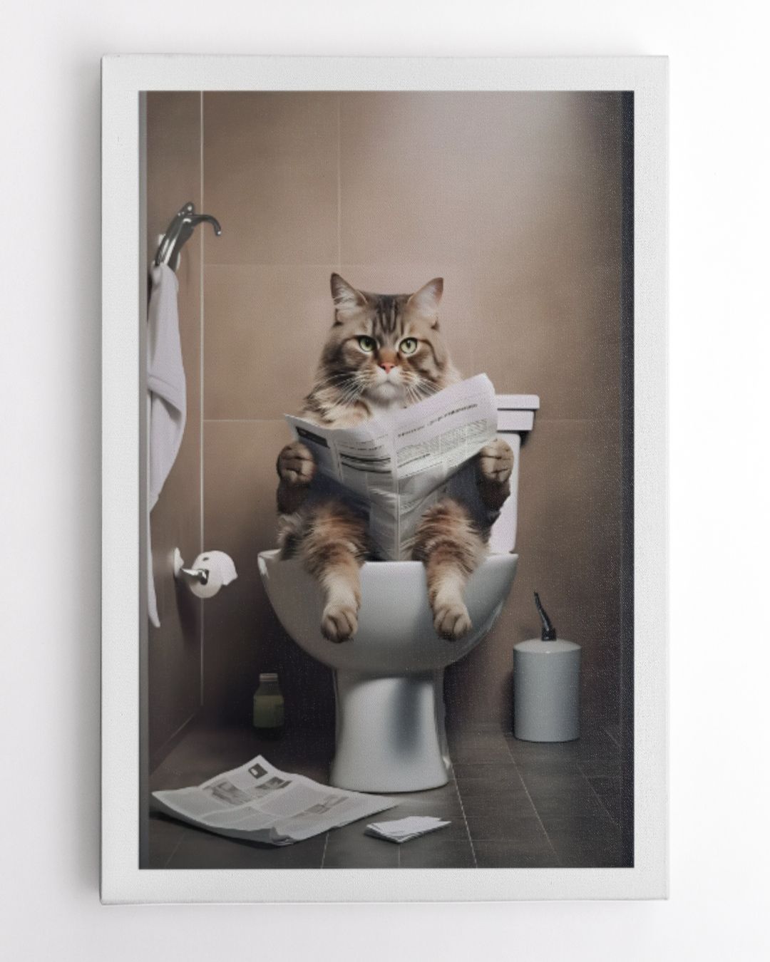 Cat Reading Newspaper On The Toilet Art Print