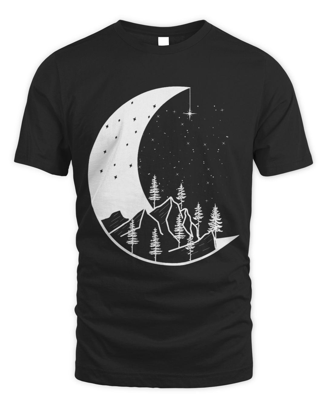 Crescent Moon Mountain Pine Tree Stars in Night Sky Nature SenPrints