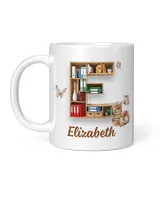 Letter E. Alphabet in the form of shelves with books mugs