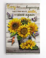 Every Day Is A new Beginning. Take A Deep Breath, Smile, And Start Again | Sunflowers Canvas, Hummingbirds Canvas, An Inspirational Present For Your Loved, Motivational Quote.