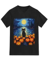 Van Gogh Starry Night Black Cat Halloween Pumpkin Art T-Shirt (4)