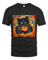 Starry Night Big Black Cat Hugging Creepy Pumpkin Halloween