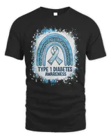 Type 1 Diabetes Awareness Month Bleached Rainbow Blue Ribbon T-Shirt