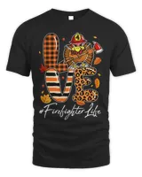 Cute Firefighter LOVE Thanksgiving Day Turkey Plaid Leopard T-Shirt