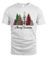 Merry Christmas Buffalo Plaid Leopard Print Christmas Trees T-shirt