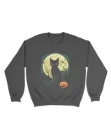 Halloween Vintage Black Cat Pumpkin Costume Scary Moon Cat T-Shirt (3)
