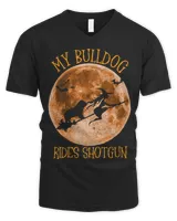 Funny Bulldog Ride Shotgun Broom Moon Halloween