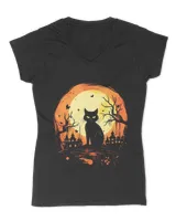 Halloween Vintage Black Cat Costume Scary Night Moon Cat T-Shirt (3)