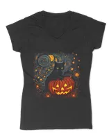 Van Gogh Starry Night Black Cat Halloween Pumpkin Art T-Shirt (2)