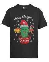 Merry Christmas Cute Cactus Santa Hat Candy Cane Funny Xmas T-Shirt
