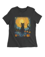 Van Gogh Starry Night Black Cat Halloween Pumpkin Art T-Shirt (3)
