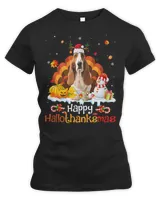 HalloThanksMas Halloween Thanksgiving Christmas Basset Hound T-Shirt