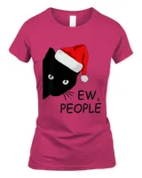 Ew People Black Cat Face Santa Hat Funny Cat Lover Christmas T-shirt