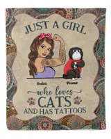 Woman Loves Cats And Tattoo Mandala Personalized Fleece Blanket QTBLKCAT160123A1
