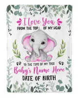 Personalized Name and Date  Cute Baby Elephant Girl ,  Gift  for Newmom, Baby Shower Gifts