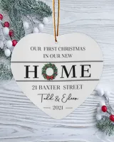 New Home Ornament - Our First Christmas In Our New Home With Address, Names and Year - New Home Christmas Ornament - Wreath New House Ornament | Christmas Ornaments | Pine Tree Ornaments.