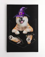 Akita Witchs Hat Broom Pocket Dog Halloween Shirt