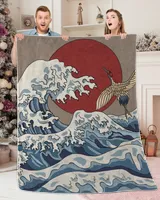 Japnaese Kanagawa Wave And Cranes Blanket