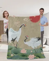Japanese Cranes And Lotus Flower Blankets