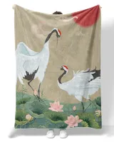 Japanese Cranes And Lotus Flower Blankets