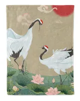 Japanese Cranes And Lotus Flower Blankets