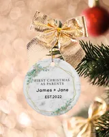 Personalized Custom New Mom And Dad First Christmas New Parents Ceramic Ornament Porcelain Ornament - Circle white one-sided __single