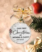 Personalized Custom New Mommy And Daddy First Christmas Ceramic Ornament Porcelain Ornament - Circle white one-sided __single