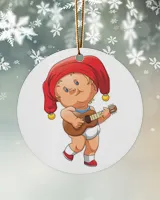 the baby boy using the red clown hat and holding the brown guitar   for christmas and new year 2022 Wood Ornament - Circle white __one-sided single