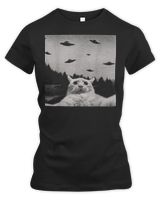 Cat selfie with UFO Women's Premium Slim Fit Tee black s